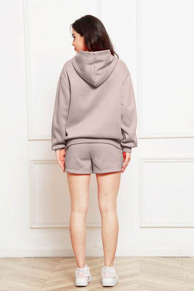 Drop Shoulder Long Sleeve Hoodie and Shorts Set