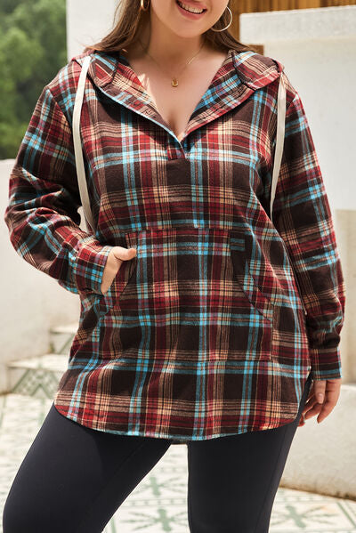 Drawstring Plaid Quarter Button Hoodie