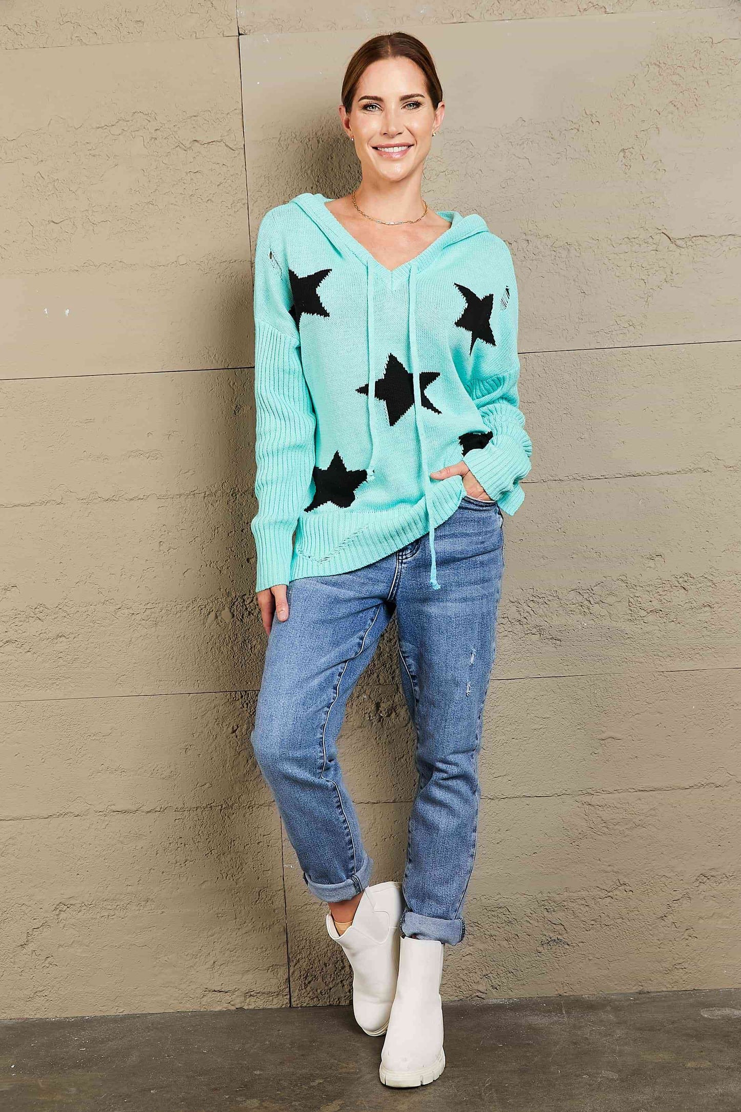 Star Distressed Slit Hooded Sweater