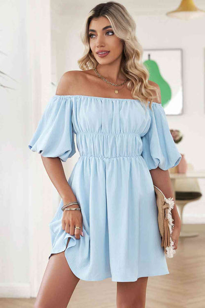 Off-Shoulder Balloon Sleeve Mini Dress