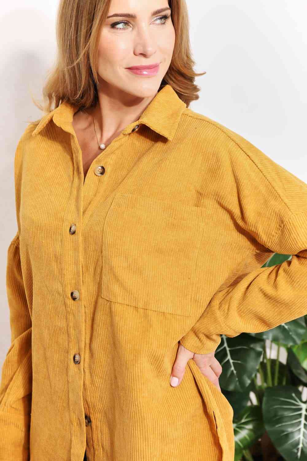 Oversized Corduroy  Button-Down Tunic Shirt with Bust Pocket