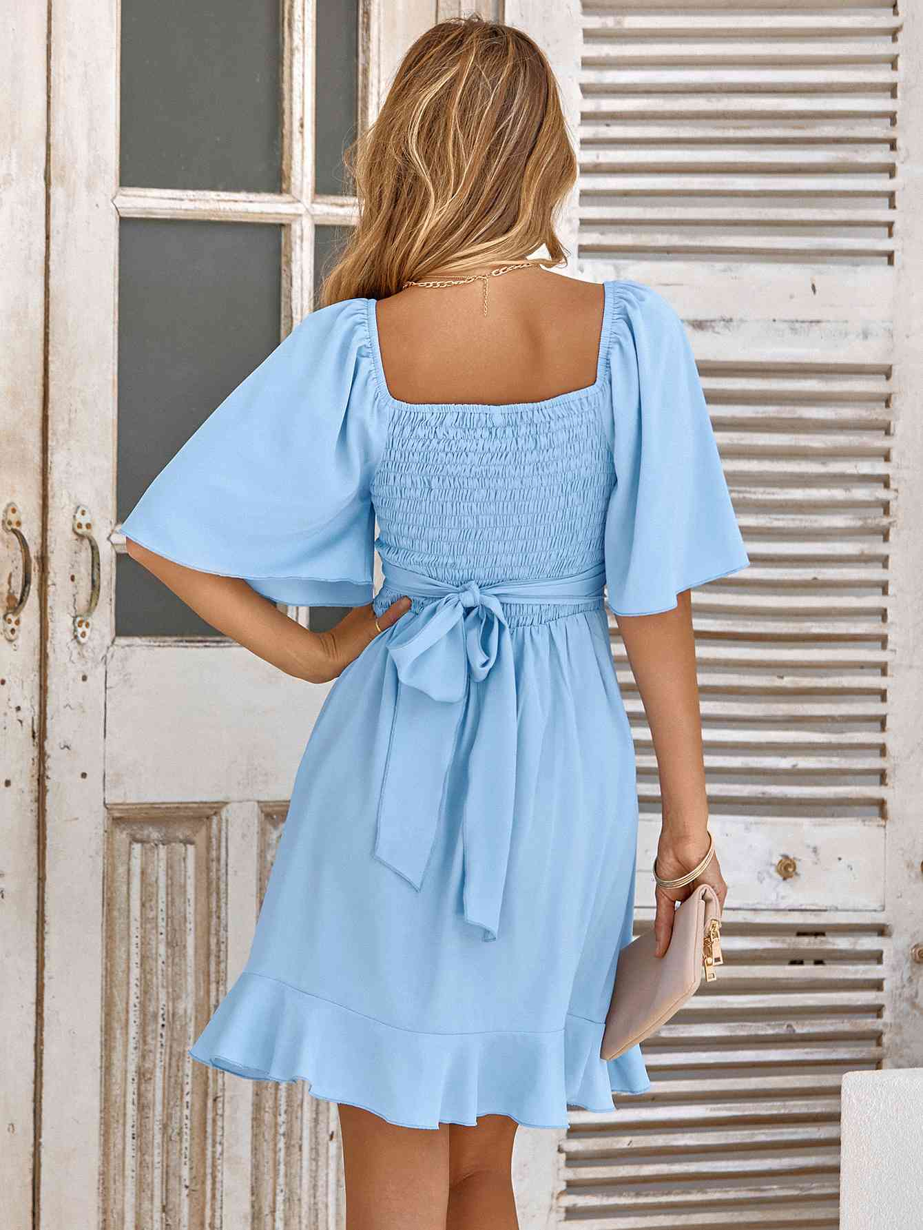 It’s a Wrap Smocked Tie Back Ruffle Hem Dress