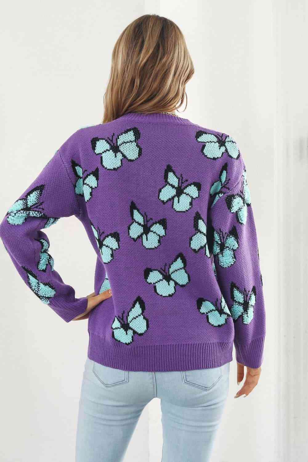 Flutter Butterfly Pattern Round Neck Dropped Shoulder Sweater