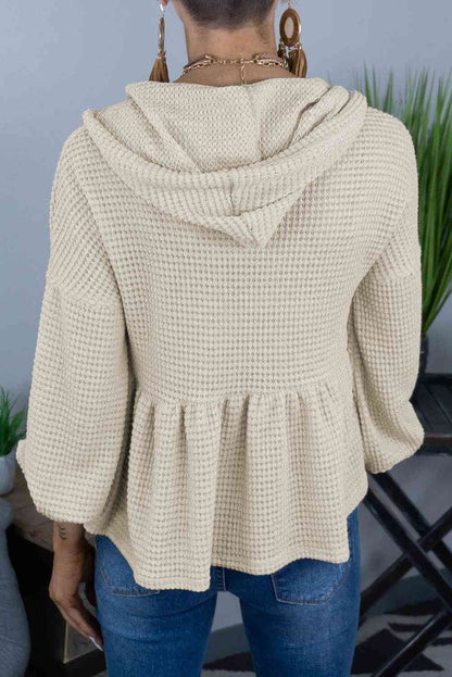 Buttoned Waffle-Knit Dropped Shoulder Hoodie