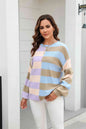 Showing Up Round Neck Long Sleeve Color Block Dropped Shoulder Pullover Sweater