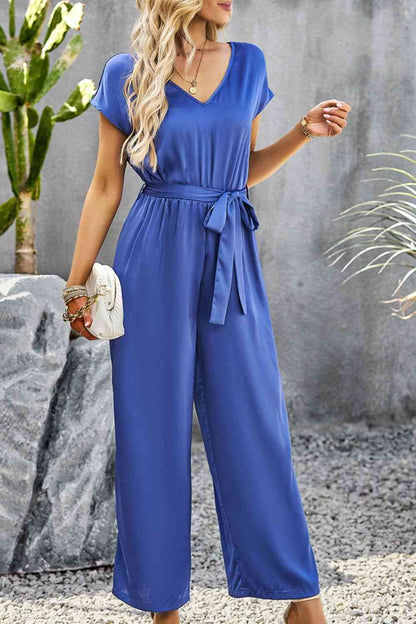 Tie Belt V-Neck Short Sleeve Jumpsuit