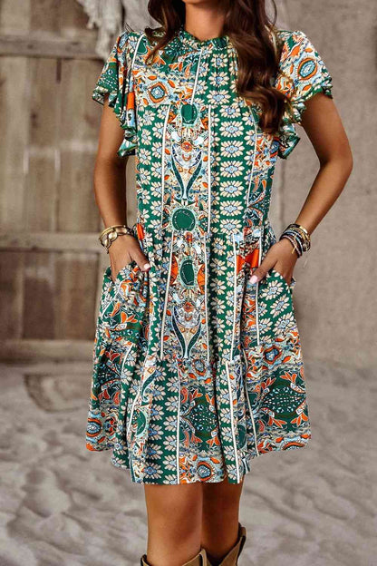 Printed Round Neck Flutter Sleeve Dress