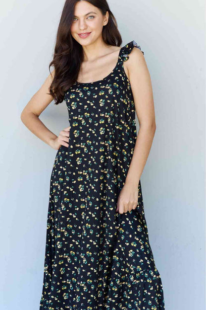 In The Garden Ruffle Floral Maxi Dress in  Black Yellow Floral