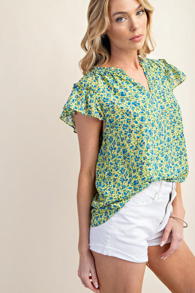 Floral Notched Ruffled Cap Sleeve Blouse