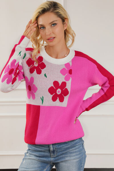 Finding Out Floral Round Neck Dropped Shoulder Sweater