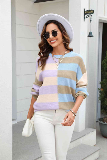 Showing Up Round Neck Long Sleeve Color Block Dropped Shoulder Pullover Sweater