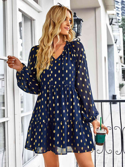 Don’t Even Ask Dotted Tie-Neck Frill Trim Tiered Dress