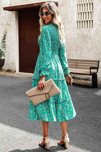 Soaring High Smocked Flounce Sleeve Midi Dress