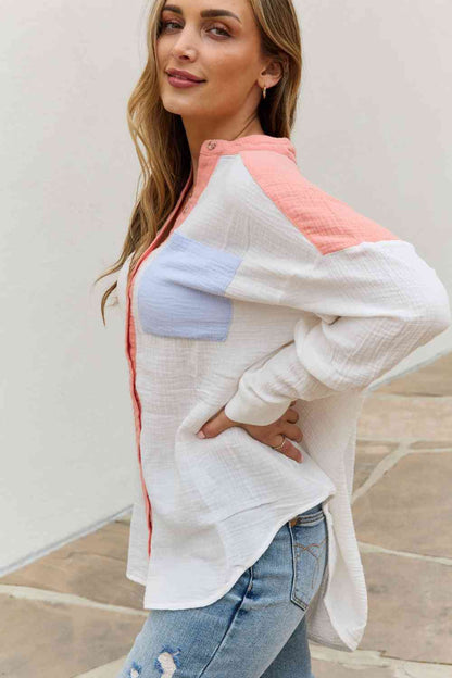 Color Block Woven Button Down Top