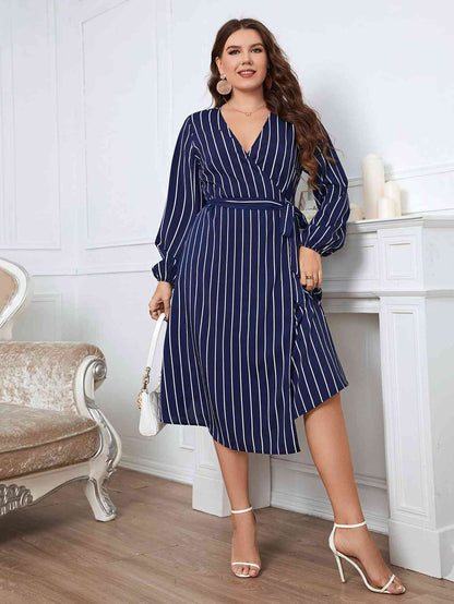 Striped Surplice Neck Long Sleeve Dress