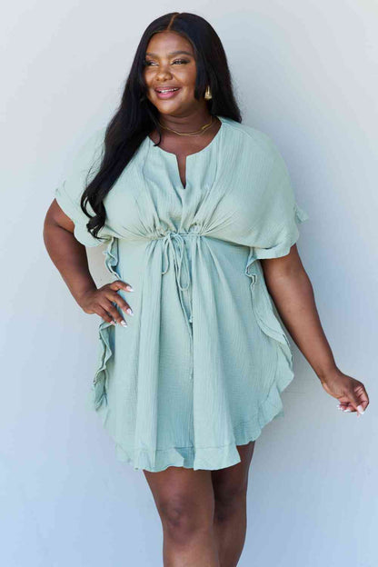 Stepping Out Ruffle Hem Dress with Drawstring Waistband in Light Sage