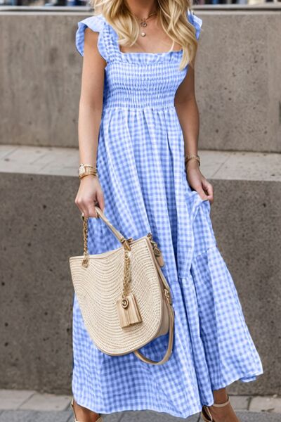 Smocked Ruffled Plaid Ruffle Hem Dress