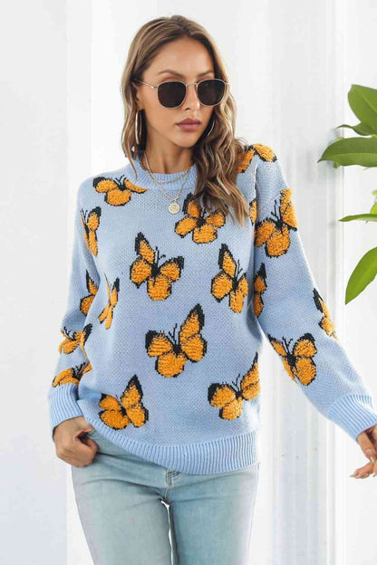 Flutter Butterfly Pattern Round Neck Dropped Shoulder Sweater