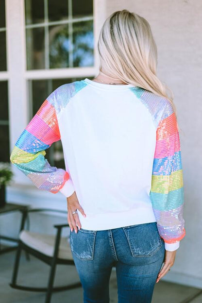 I Told You Sequin Round Neck Color Block  Sleeve Sweatshirt