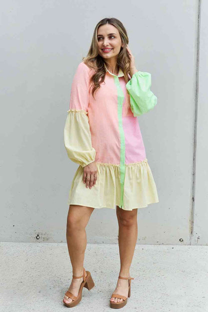 Colorblock Long Sleeve Shirt Dress