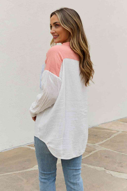 Color Block Woven Button Down Top