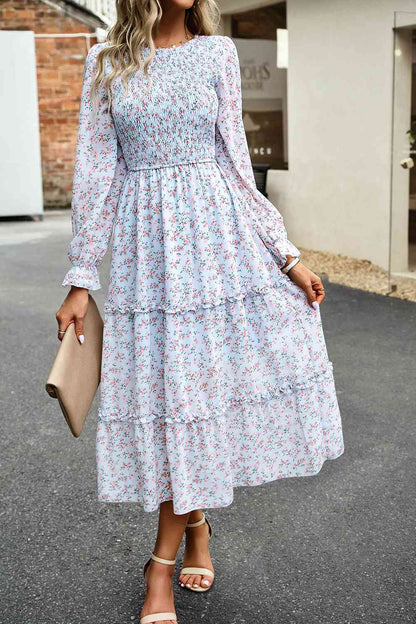 Soaring High Smocked Flounce Sleeve Midi Dress