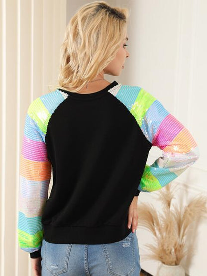 I Told You Sequin Round Neck Color Block  Sleeve Sweatshirt