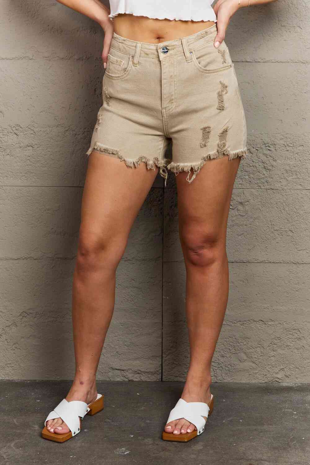 RISEN Katie High Waisted Distressed Shorts in Sand