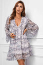 Cozy Love Printed Notched Neck Flare Sleeve Tiered Dress