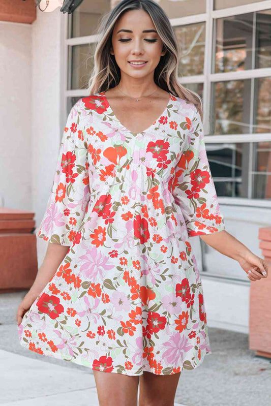 Find Me Floral V-Neck Three-Quarter Sleeve Mini Dress