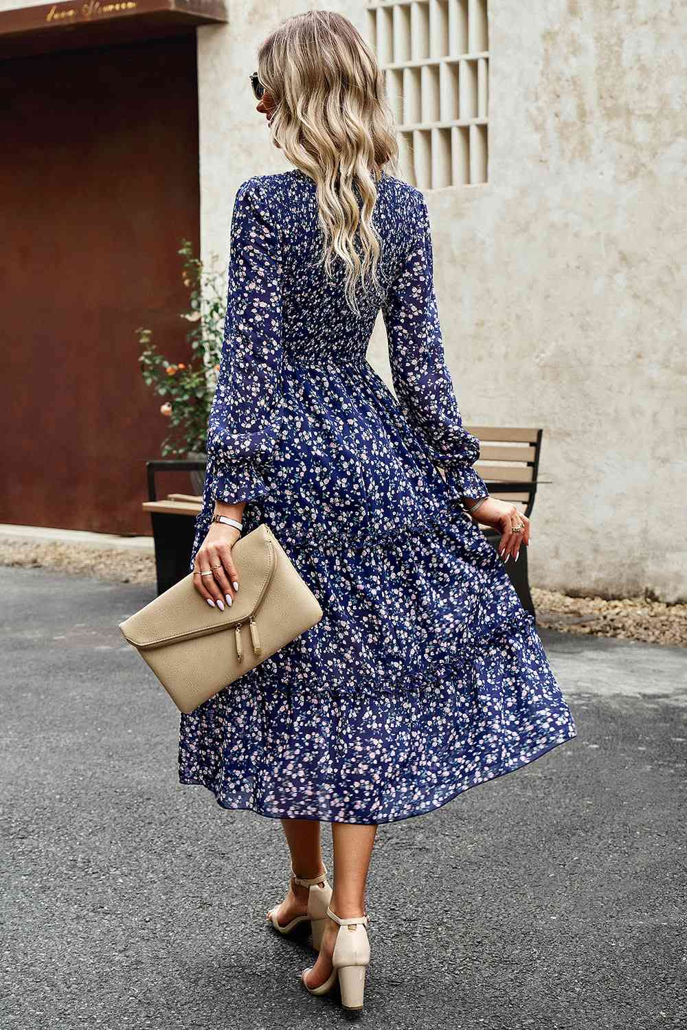 Soaring High Smocked Flounce Sleeve Midi Dress