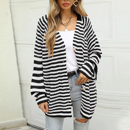 Striped Button Down Long Sleeve Cardigan