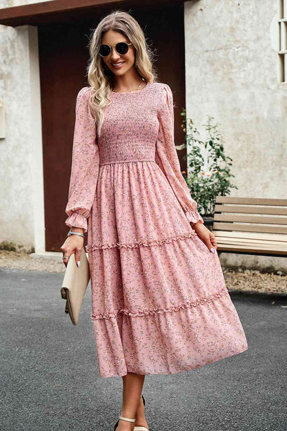 Soaring High Smocked Flounce Sleeve Midi Dress