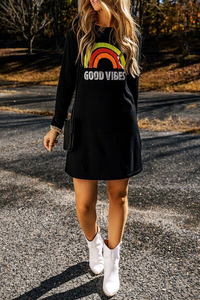 GOOD VIBES Round Neck Long Sleeve Dress