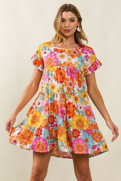 Floral Short Sleeve Tiered Dress