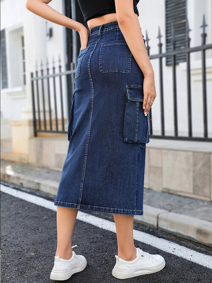 Slit Denim Skirt with Pockets