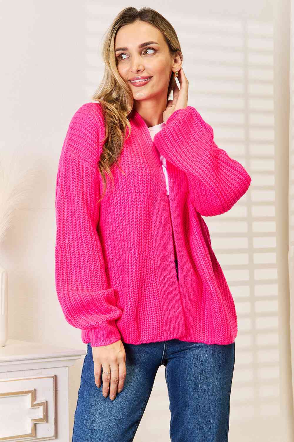 Rib-Knit Open Front Drop Shoulder Cardigan