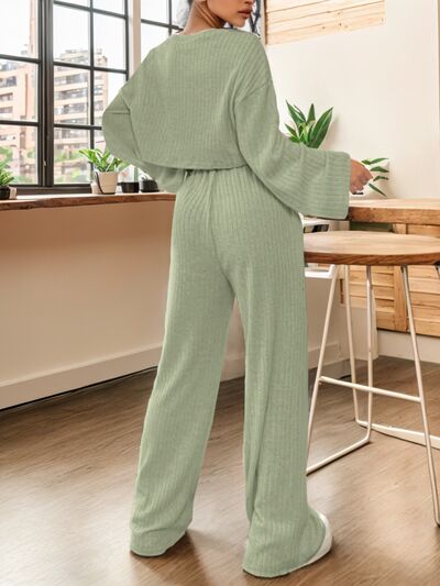 Ribbed Round Neck Top and Drawstring Pants Set