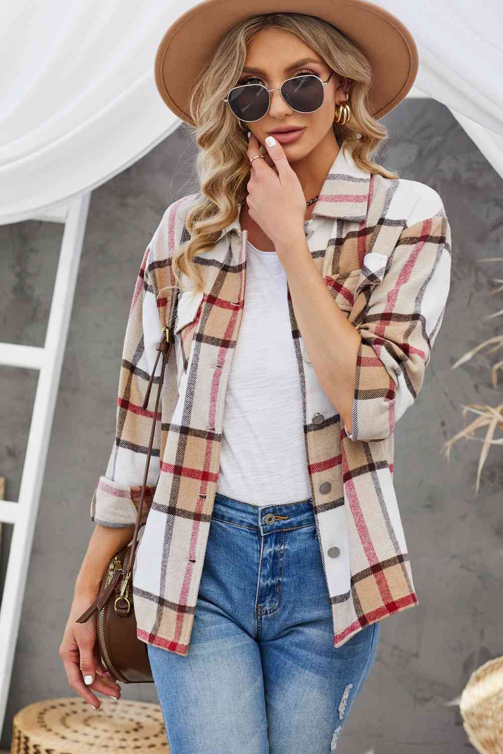 Plaid Button-Up Dropped Shoulder Shirt Jacket