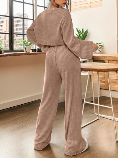 Ribbed Round Neck Top and Drawstring Pants Set