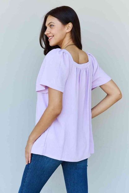 Keep Me Close Square Neck Short Sleeve Blouse in Lavender