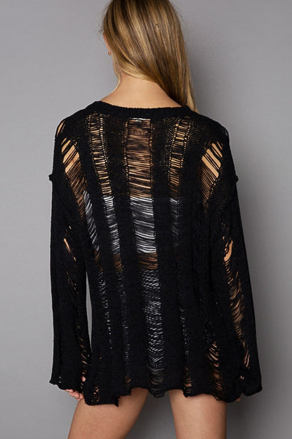 Distressed Round Neck Long Sleeve Knit Cover Up