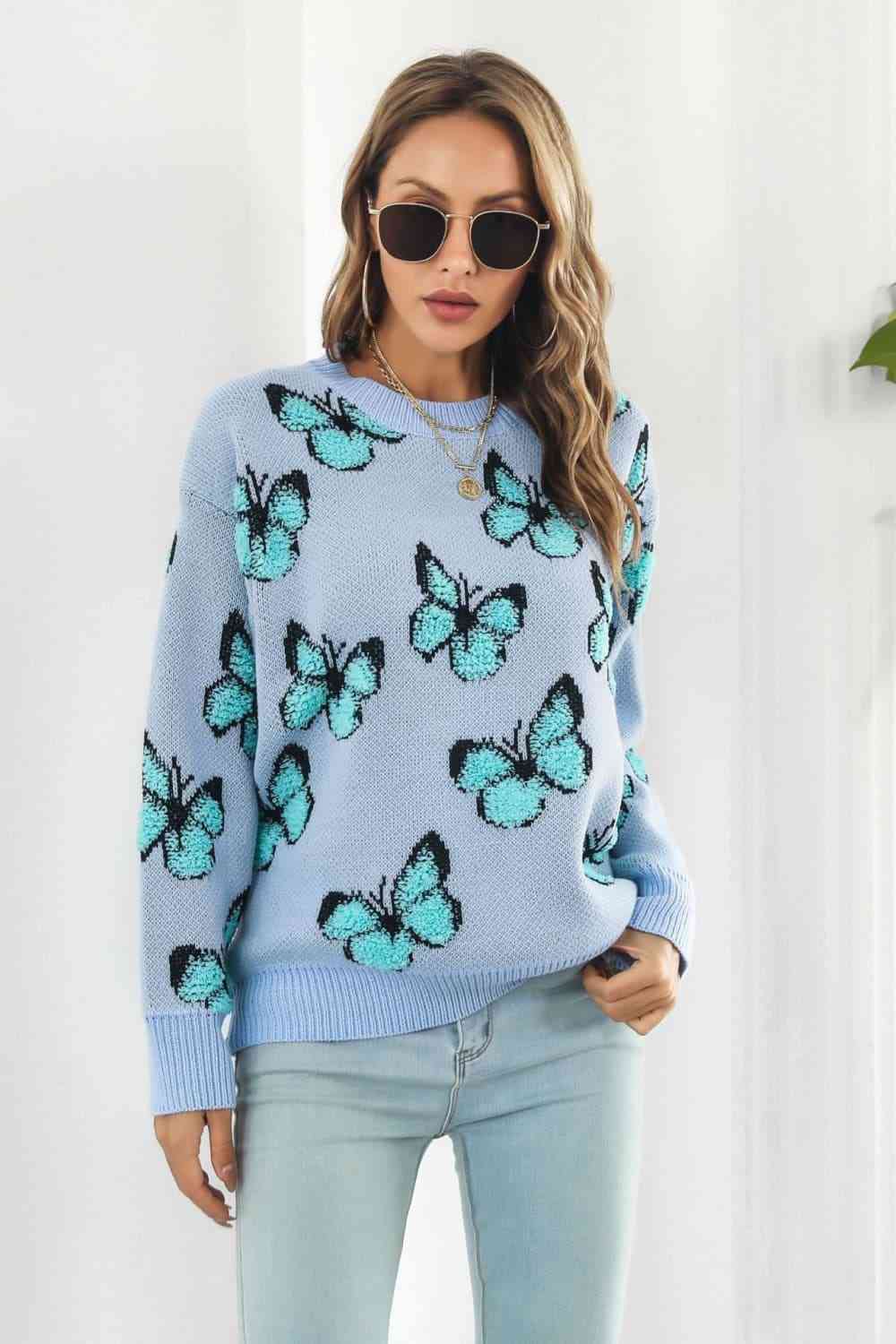 Flutter Butterfly Pattern Round Neck Dropped Shoulder Sweater