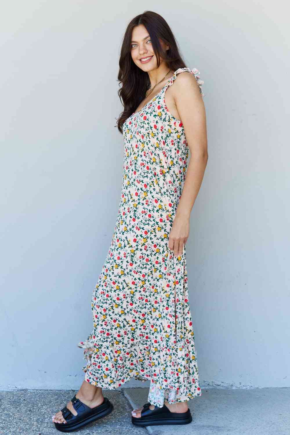 Garden Ruffle Floral Maxi Dress in Natural Rose