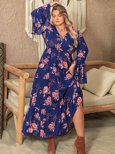 Finding Out  Printed Half Button Flare Sleeve Dress