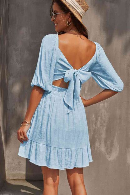 Tie-Back Ruffled Hem Square Neck Mini Dress