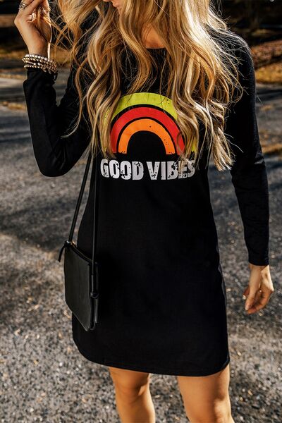 GOOD VIBES Round Neck Long Sleeve Dress