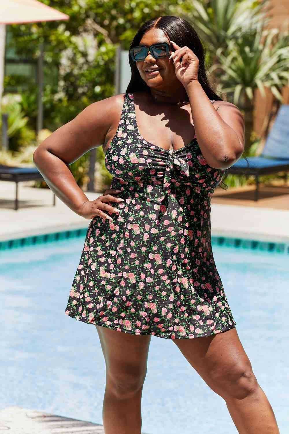 Clear Waters Swim Dress in Black Roses