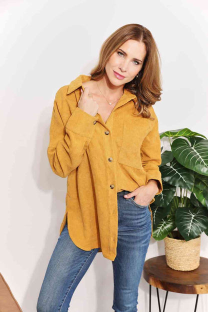 Oversized Corduroy  Button-Down Tunic Shirt with Bust Pocket