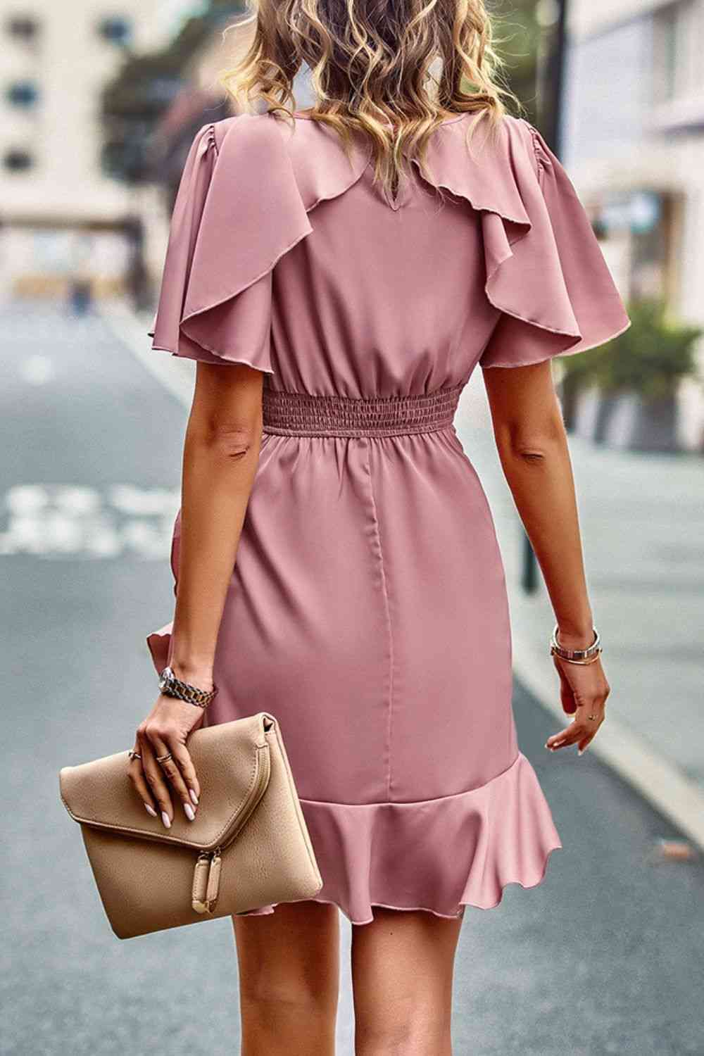 Fancy Me Round Neck Flutter Sleeve Ruffled Dress